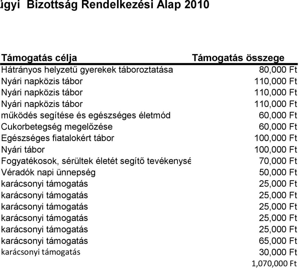 100,000 Ft Nyári tábor 100,000 Ft Fogyatékosok, sérültek életét segítő tevékenység 70,000 Ft Véradók napi ünnepség karácsonyi támogatás 25,000 Ft karácsonyi támogatás