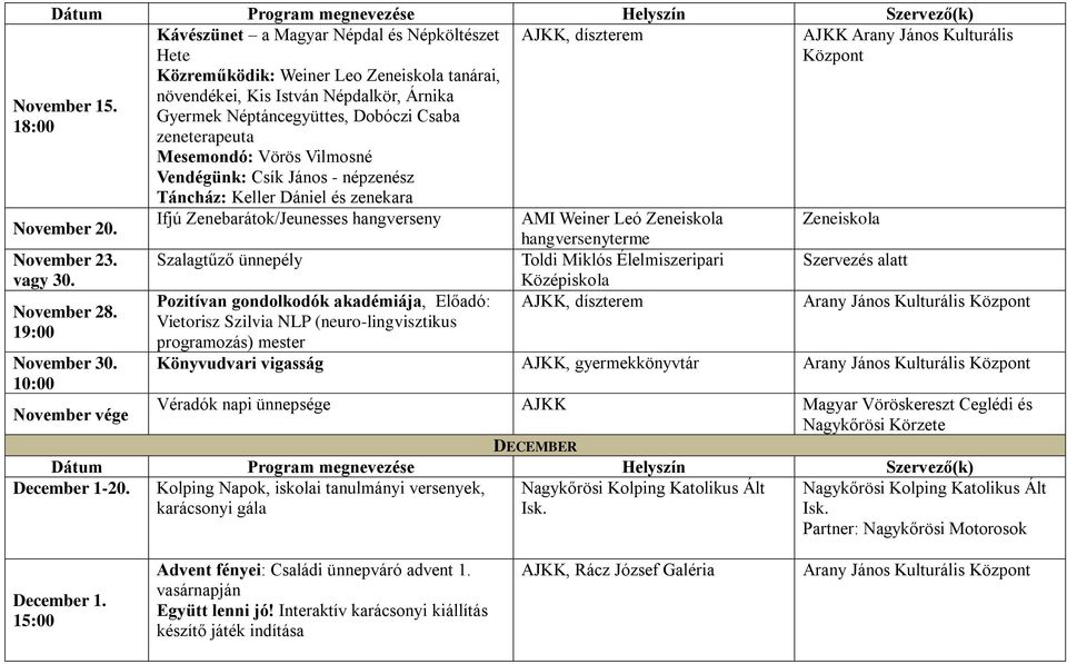 Ifjú Zenebarátok/Jeunesses hangverseny AMI Weiner Leó Zeneiskola Zeneiskola November 23. vagy 30. November 28. 19:00 November 30.