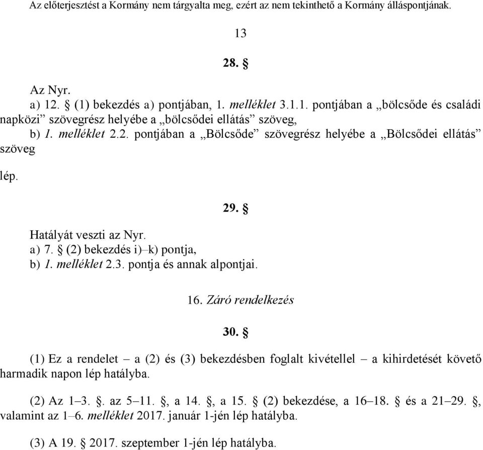 pontja és annak alpontjai. 16. Záró rendelkezés 30. (1) Ez a rendelet a (2) és (3) bekezdésben foglalt kivétellel a kihirdetését követő harmadik napon lép hatályba.