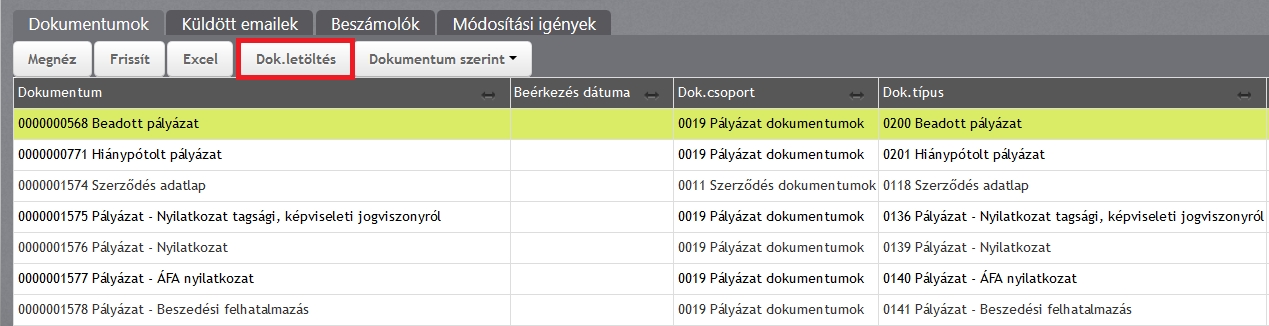 Dokumentumok A dokumentum fül alatt lesznek megtalálhatóak a pályázatainkhoz kapcsolódó rendszer által generált dokumentumok. A megfelelő sort kijelölve, majd a Dok.