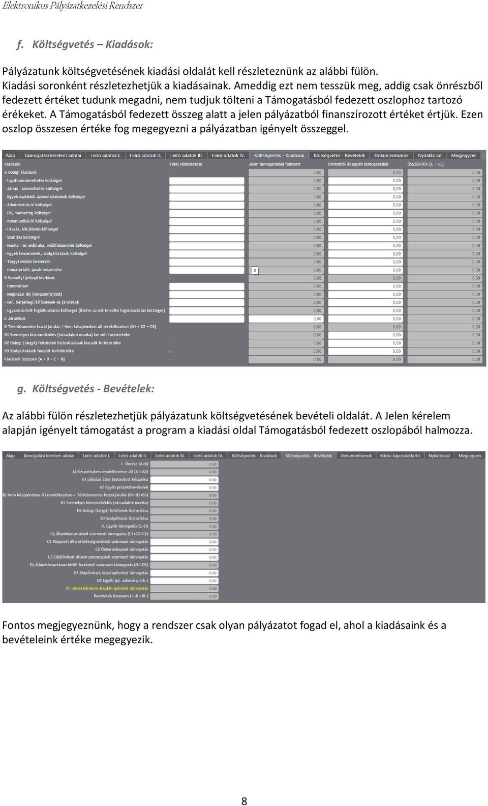 A Támogatásból fedezett összeg alatt a jelen pályázatból finanszírozott értéket értjük. Ezen oszlop összesen értéke fog megegyezni a pályázatban igényelt összeggel. g.