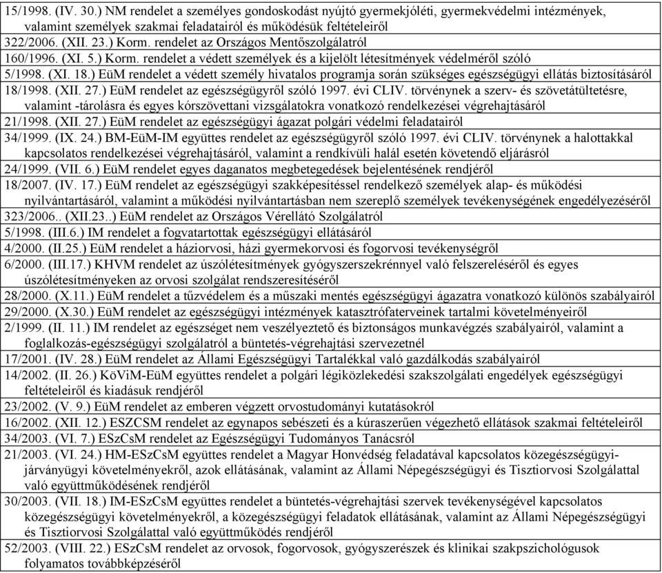 ) EüM rendelet a védett személy hivatalos programja során szükséges egészségügyi ellátás biztosításáról 18/1998. (XII. 27.) EüM rendelet az egészségügyről szóló 1997. évi CLIV.