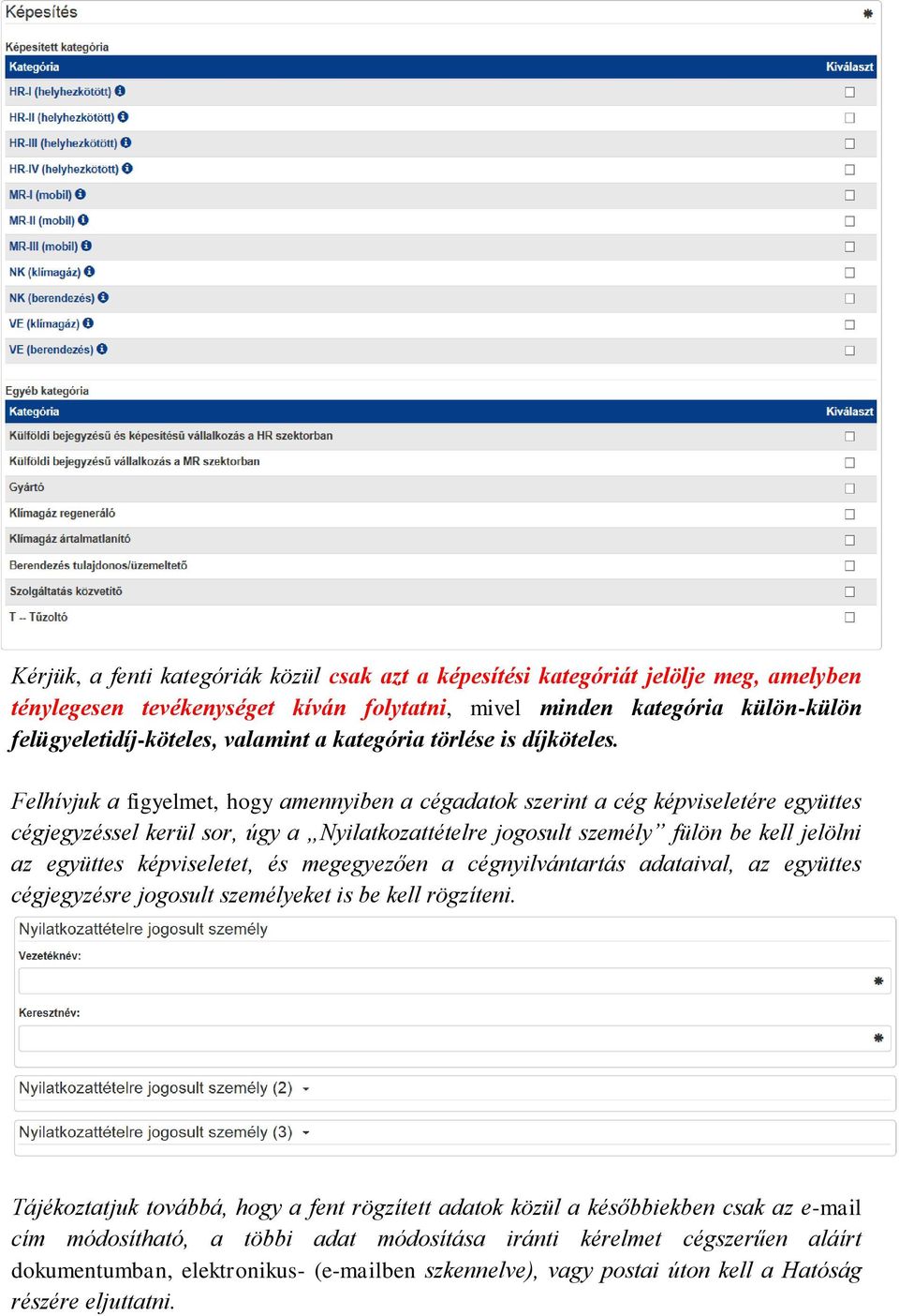Felhívjuk a figyelmet, hogy amennyiben a cégadatok szerint a cég képviseletére együttes cégjegyzéssel kerül sor, úgy a Nyilatkozattételre jogosult személy fülön be kell jelölni az együttes