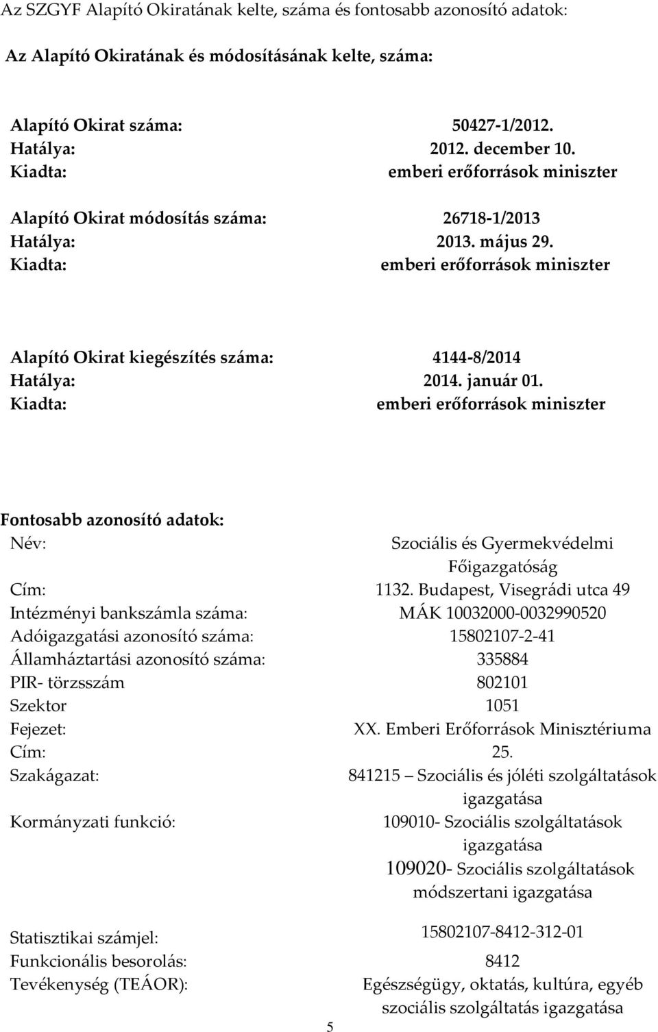 Kiadta: emberi erőforrások miniszter Alapító Okirat kiegészítés száma: 4144-8/2014 Hatálya: 2014. január 01.