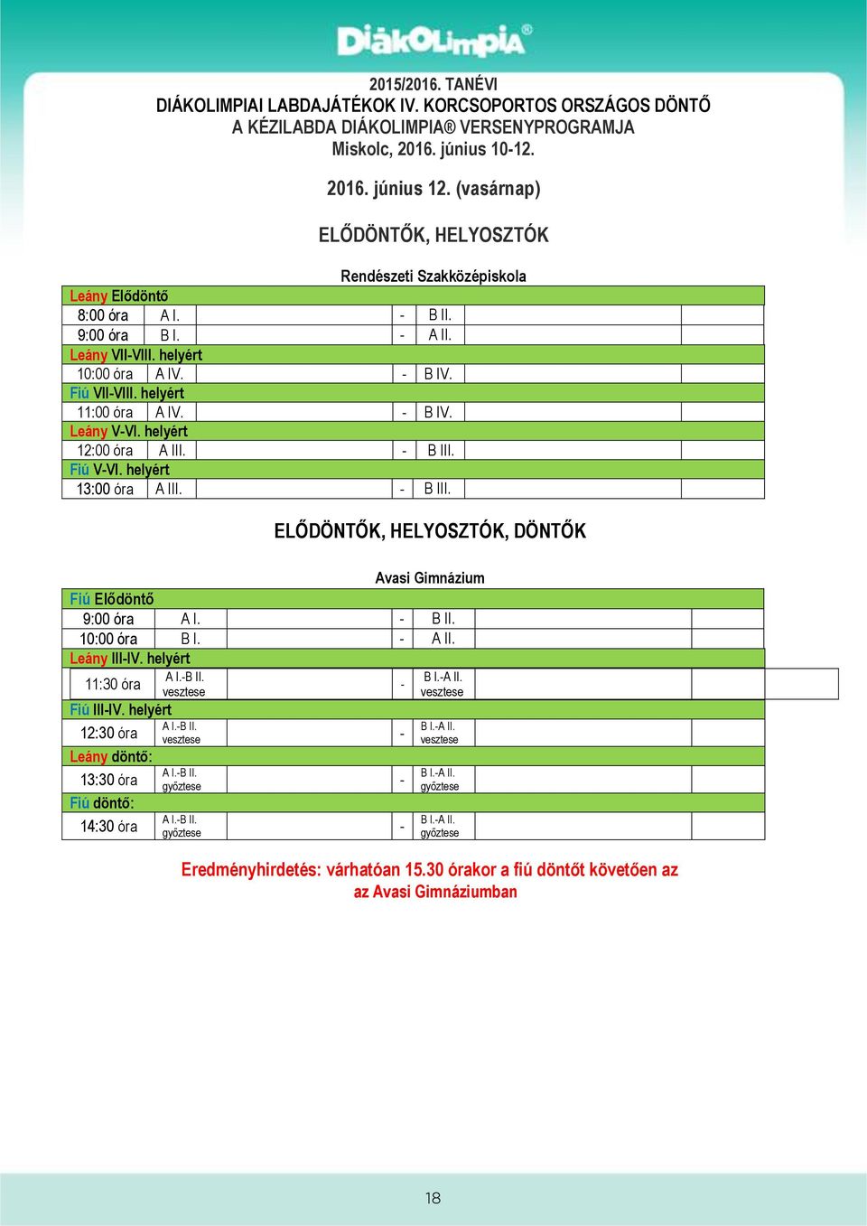 helyért 11:00 óra A IV. - B IV. Leány V-VI. helyért 12:00 óra A III. - B III. Fiú V-VI. helyért 13:00 óra A III. - B III. ELŐDÖNTŐK, HELYOSZTÓK, DÖNTŐK Avasi Gimnázium Fiú Elődöntő 9:00 óra A I.