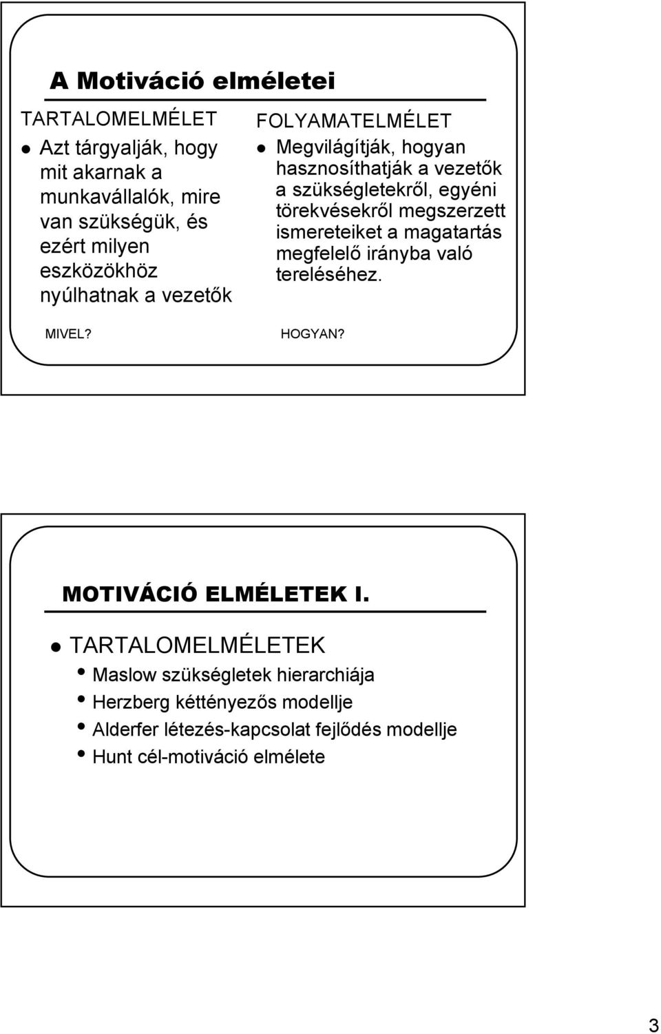 FOLYAMATELMÉLET Megvilágítják, hogyan hasznosíthatják a vezetők a szükségletekről, egyéni törekvésekről megszerzett ismereteiket a