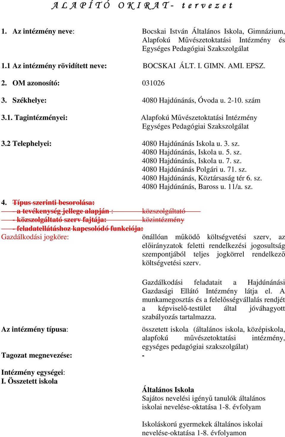 2 Telephelyei: 4080 Hajdúnánás Iskola u. 3. sz. 4080 Hajdúnánás, Iskola u. 5. sz. 4080 Hajdúnánás, Iskola u. 7. sz. 4080 Hajdúnánás Polgári u. 71. sz. 4080 Hajdúnánás, Köztársaság tér 6. sz. 4080 Hajdúnánás, Baross u.