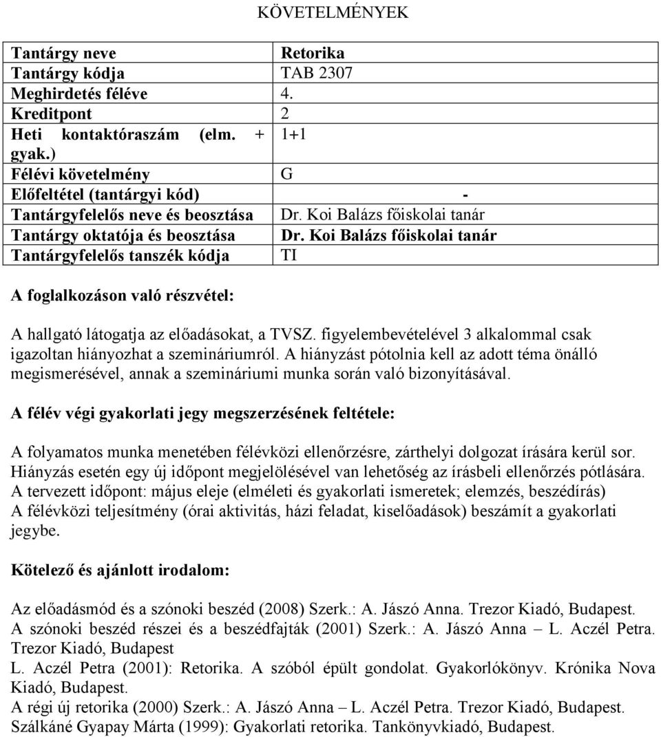 A félév végi gyakorlati jegy megszerzésének feltétele: A folyamatos munka menetében félévközi ellenőrzésre, zárthelyi dolgozat írására kerül sor.