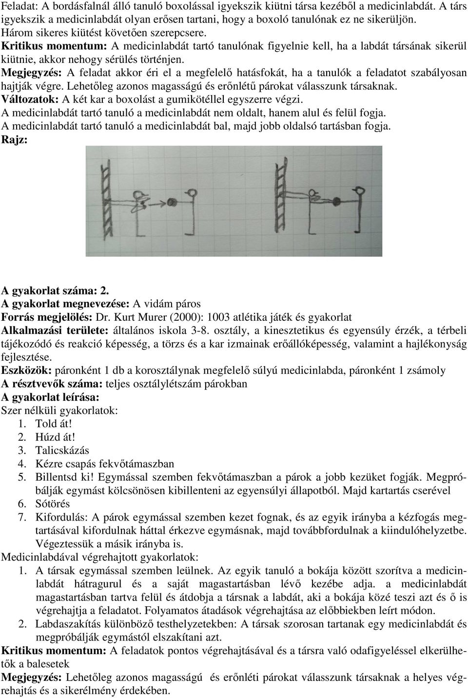 Megjegyzés: A feladat akkor éri el a megfelelő hatásfokát, ha a tanulók a feladatot szabályosan hajtják végre. Lehetőleg azonos magasságú és erőnlétű párokat válasszunk társaknak.