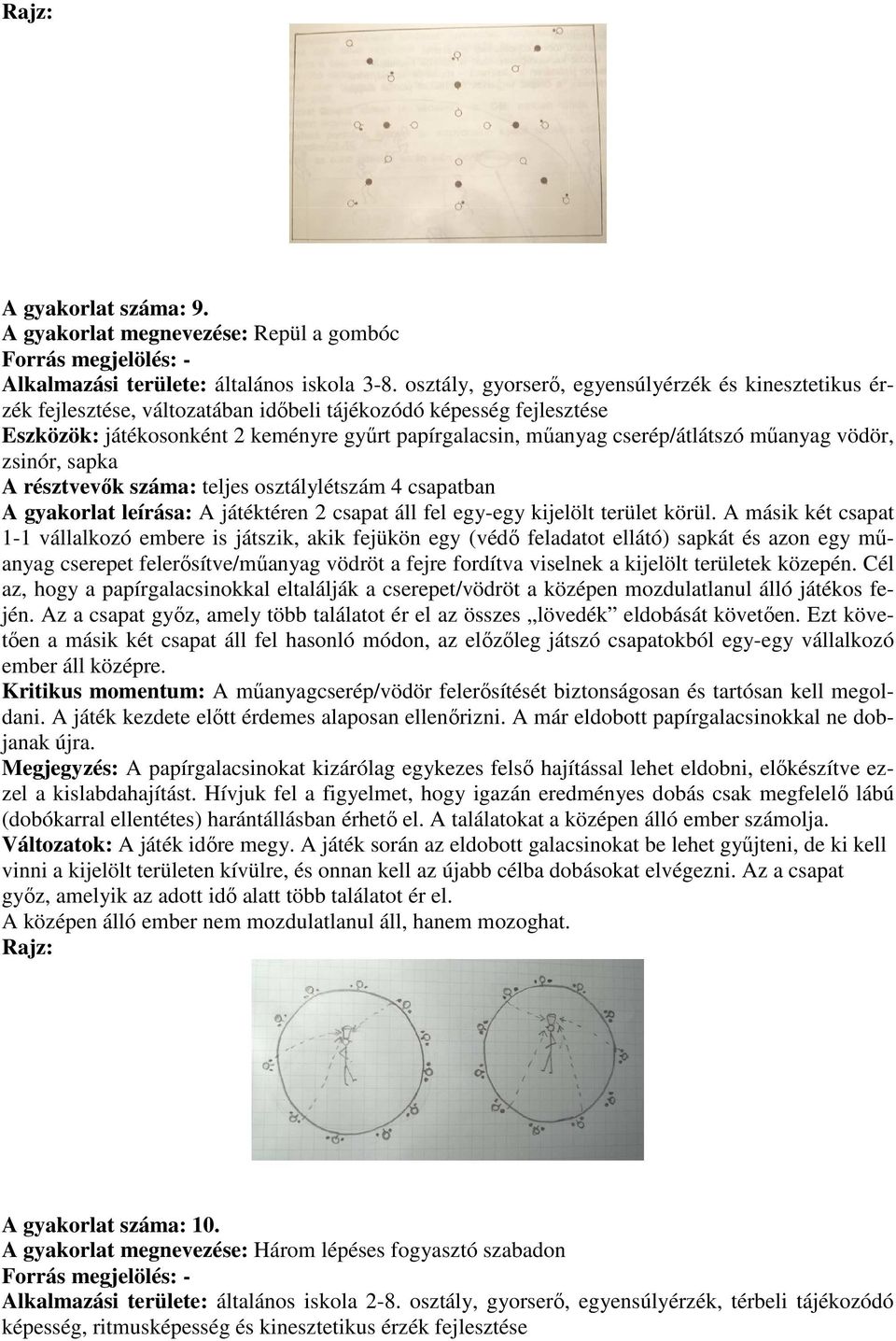 cserép/átlátszó műanyag vödör, zsinór, sapka A résztvevők száma: teljes osztálylétszám 4 csapatban A gyakorlat leírása: A játéktéren 2 csapat áll fel egy-egy kijelölt terület körül.