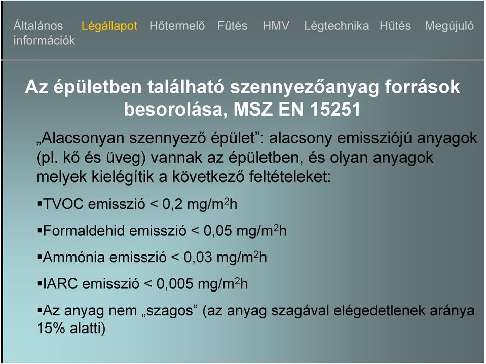 kő és üveg) vannak az épületben, és olyan anyagok melyek kielégítik a következő feltételeket: TVOC emisszió