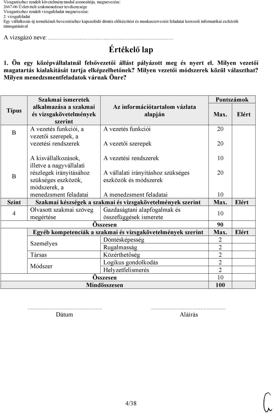 Típus B Szakmai ismeretek alkalmazása a szakmai és vizsgakövetelmények szerint A vezetés funkciói, a vezetői szerepek, a vezetési rendszerek Az információtartalom vázlata alapján A vezetés funkciói A