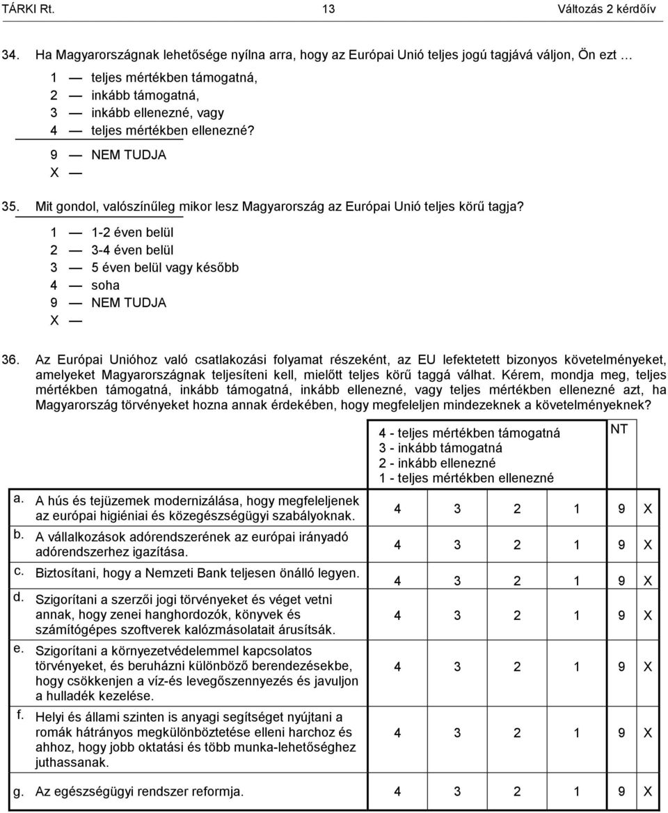Mit gondol, valószínűleg mikor lesz Magyarország az Európai Unió teljes körű tagja? 1 1-2 éven belül 2 3-4 éven belül 3 5 éven belül vagy később 4 soha 36.