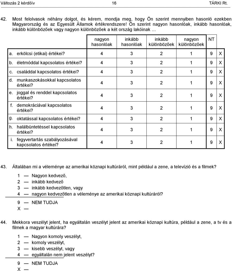 életmóddal kapcsolatos értékei? c. családdal kapcsolatos értékei? d. munkaszokásokkal kapcsolatos értékei? e. joggal és renddel kapcsolatos értékei? f. demokráciával kapcsolatos értékei? g.