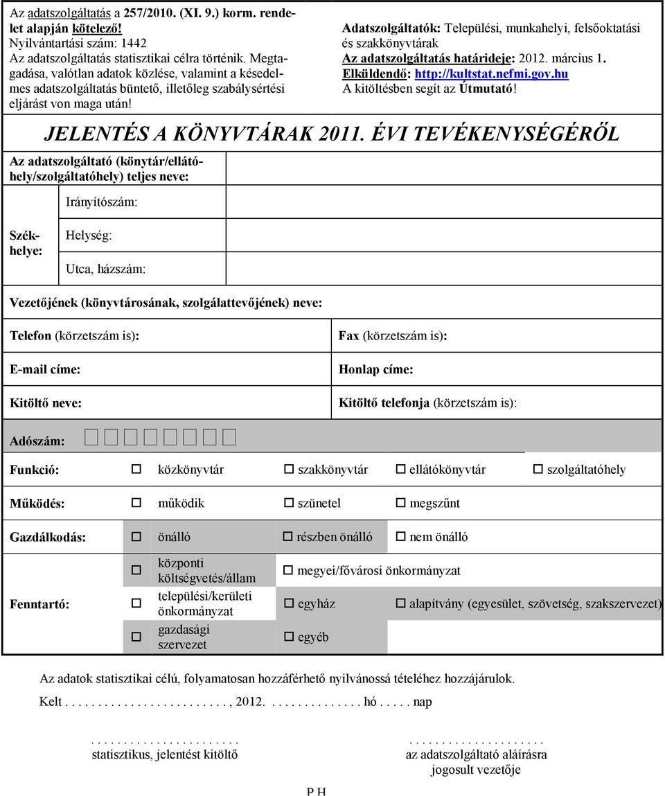 Adatszolgáltatók: Települési, munkahelyi, felsőoktatási és szakkönyvtárak Az adatszolgáltatás határideje: 2012. március Elküldendő: http://kultstat.nefmi.gov.hu A kitöltésben segít az Útmutató!
