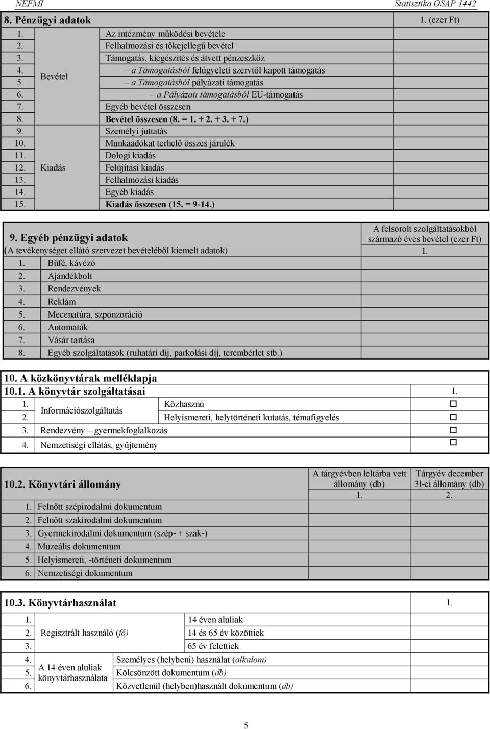 + 3. + 7.) 9. Személyi juttatás 10. Munkaadókat terhelő összes járulék 1 Dologi kiadás 12. Kiadás Felújítási kiadás 13. Felhalmozási kiadás 14. Egyéb kiadás 15. Kiadás összesen (15. = 9-14.) 9. Egyéb pénzügyi adatok (A tevékenységet ellátó szervezet bevételéből kiemelt adatok) Büfé, kávézó 2.