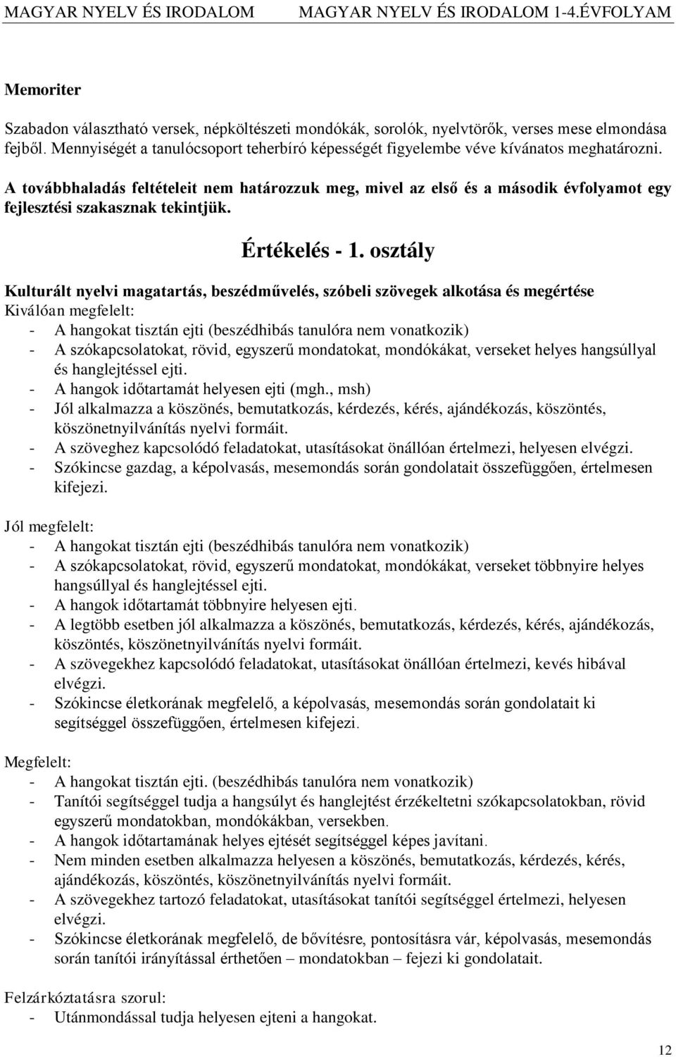 A továbbhaladás feltételeit nem határozzuk meg, mivel az első és a második évfolyamot egy fejlesztési szakasznak tekintjük. Értékelés - 1.