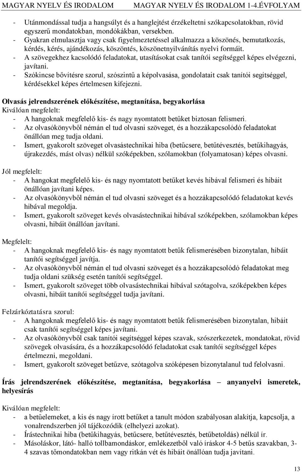 - A szövegekhez kacsolódó feladatokat, utasításokat csak tanítói segítséggel képes elvégezni, javítani.