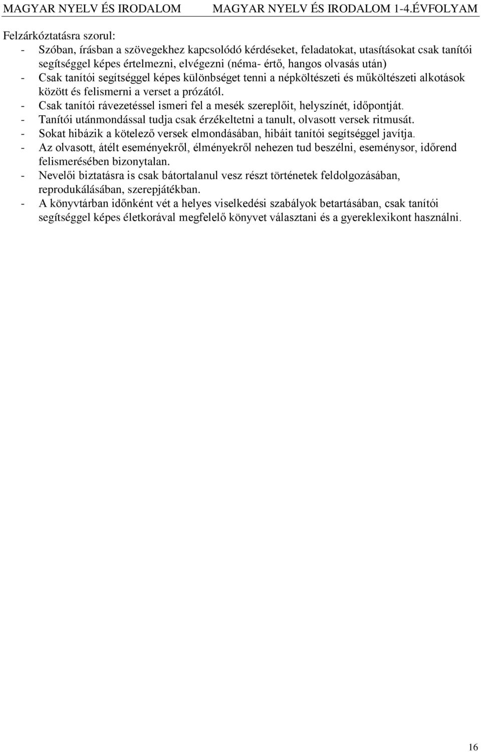 - Csak tanítói rávezetéssel ismeri fel a mesék szereplőit, helyszínét, időpontját. - Tanítói utánmondással tudja csak érzékeltetni a tanult, olvasott versek ritmusát.