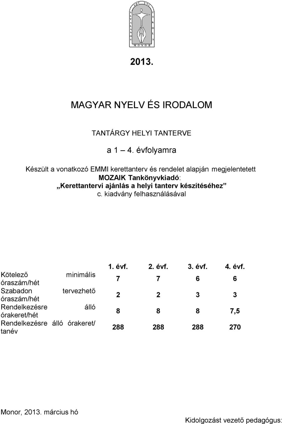 ajánlás a helyi tanterv készítéséhez c.