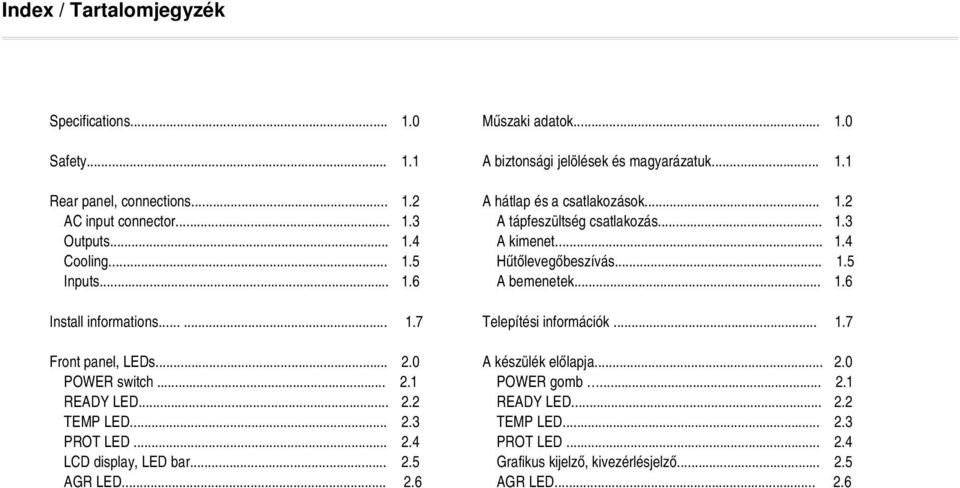 .. 1.1 A hátlap és a csatlakozások... 1.2 A tápfeszültség csatlakozás... 1.3 A kimenet... 1.4 Hűtőlevegőbeszívás... 1.5 A bemenetek... 1.6 Telepítési információk... 1.7 A készülék előlapja.