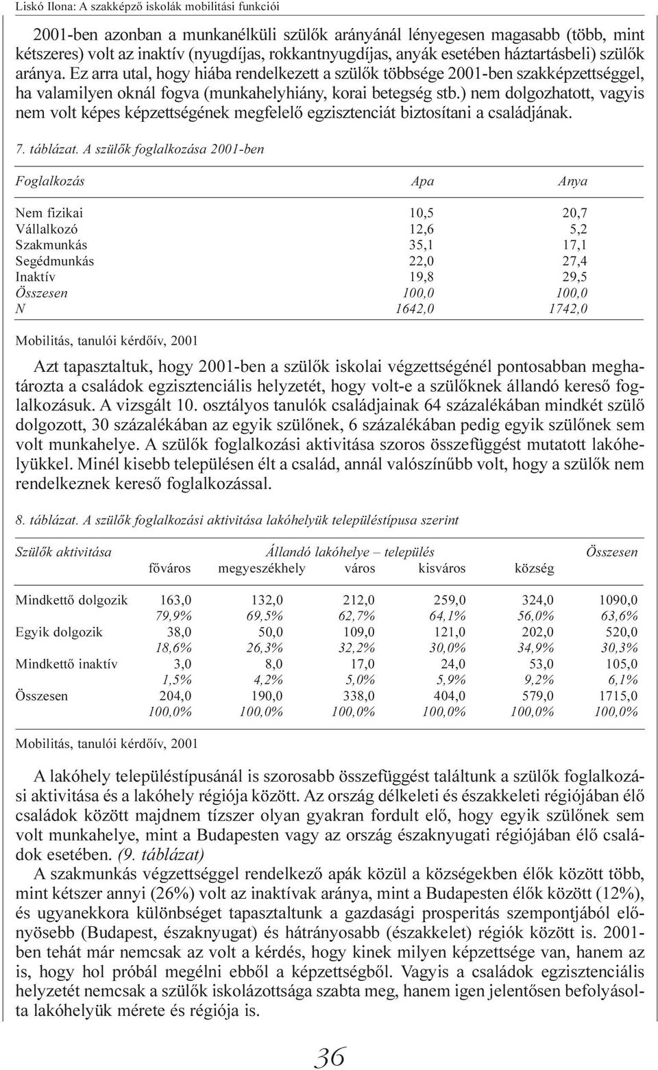 ) nem dolgozhatott, vagyis nem volt képes képzettségének megfelelő egzisztenciát biztosítani a családjának. 7. táblázat.