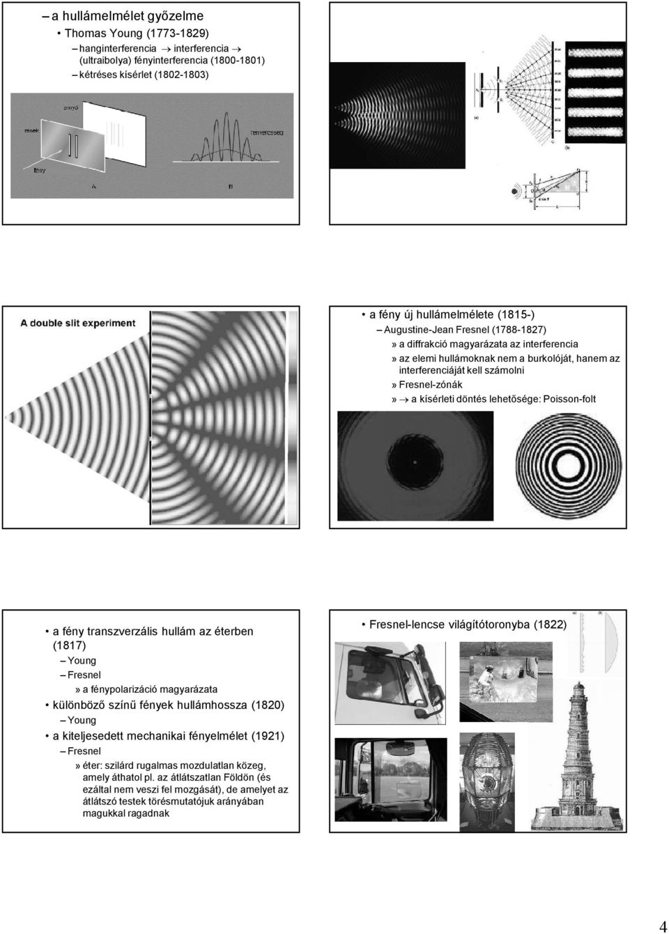lehetősége: Poisson-folt a fény transzverzális hullám az éterben (1817) Young Fresnel» a fénypolarizáció magyarázata különböző színű fények hullámhossza (1820) Young a kiteljesedett mechanikai