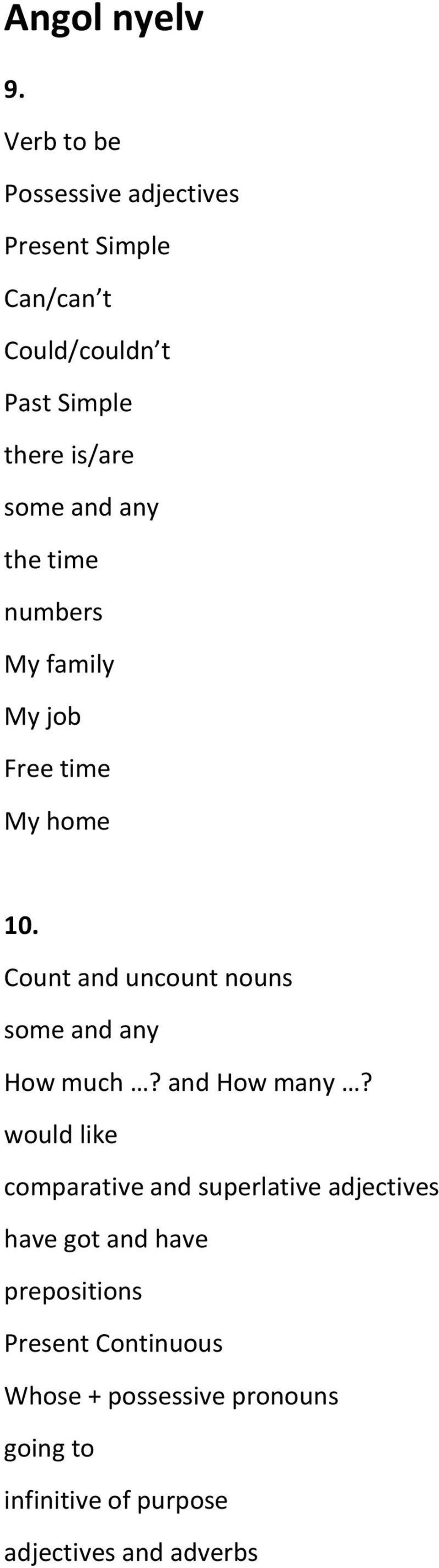 and any the time numbers My family My job Free time My home 10.