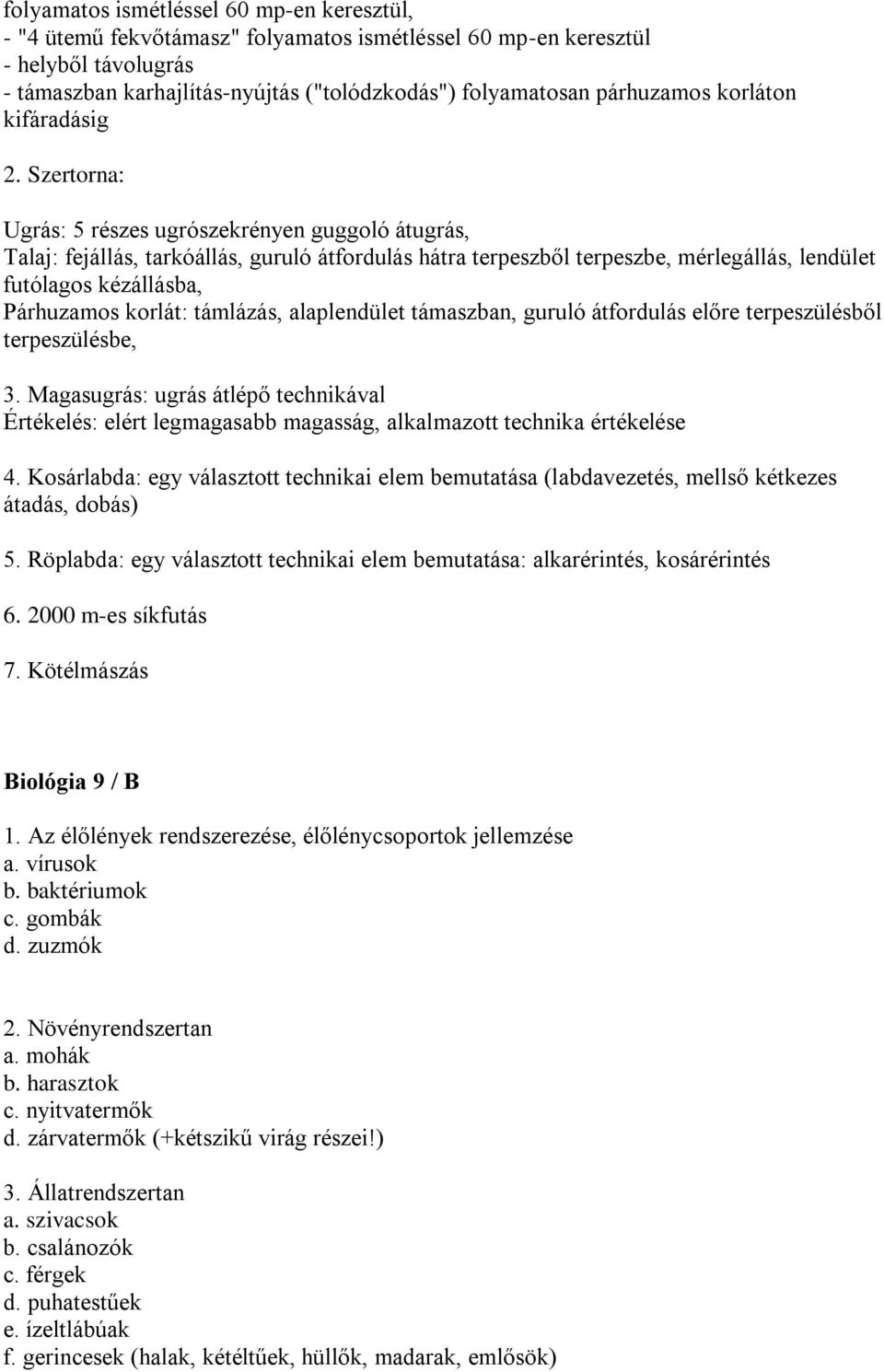 Szertorna: Ugrás: 5 részes ugrószekrényen guggoló átugrás, Talaj: fejállás, tarkóállás, guruló átfordulás hátra terpeszből terpeszbe, mérlegállás, lendület futólagos kézállásba, Párhuzamos korlát: