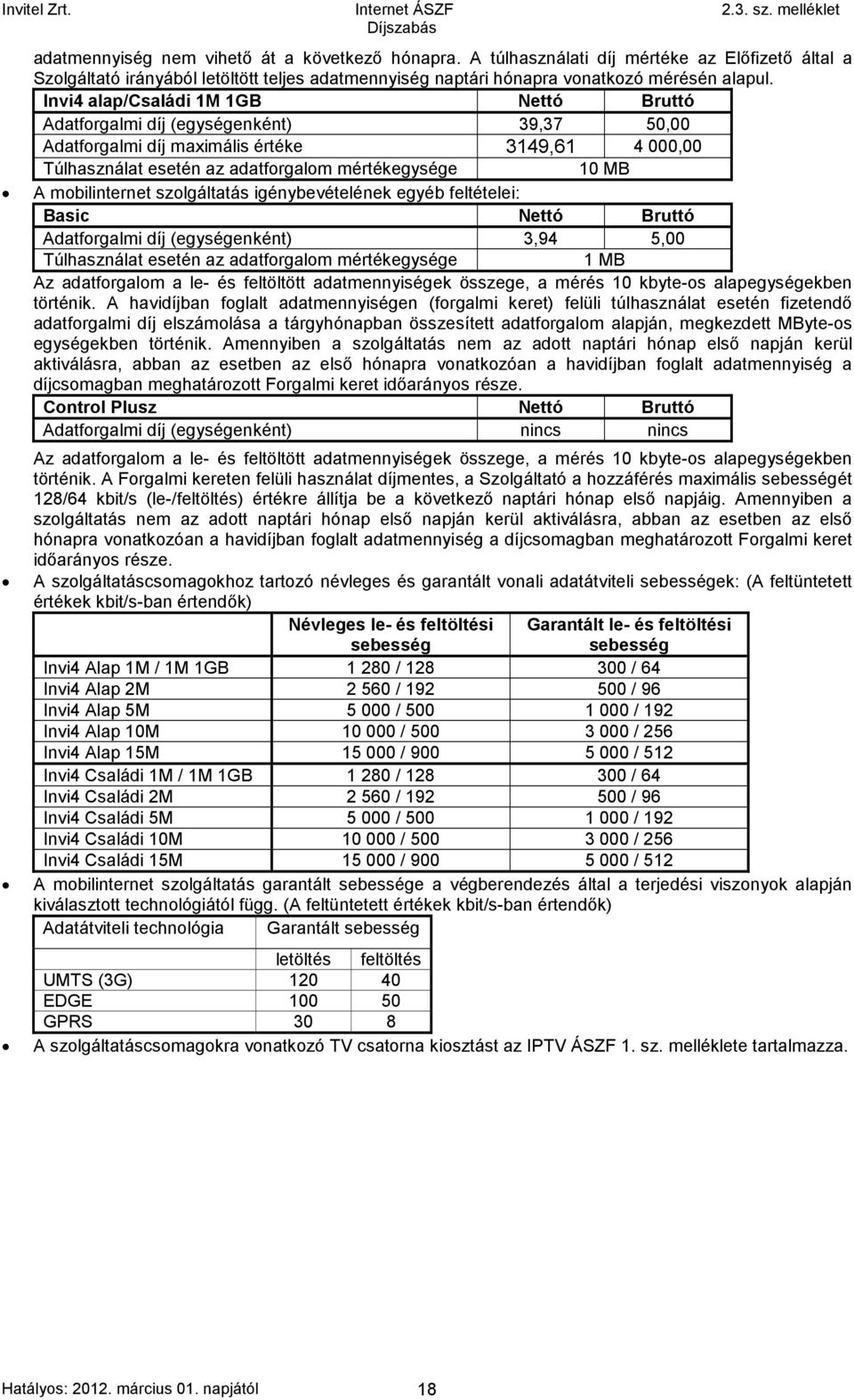 mobilinternet szolgáltatás igénybevételének egyéb feltételei: Basic Nettó Bruttó Adatforgalmi díj (egységenként) 3,94 5,00 Túlhasználat esetén az adatforgalom mértékegysége 1 MB Az adatforgalom a le-