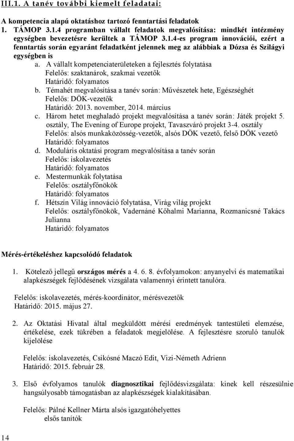 A vállalt kompetenciaterületeken a fejlesztés folytatása Felelős: szaktanárok, szakmai vezetők Határidő: folyamatos b.