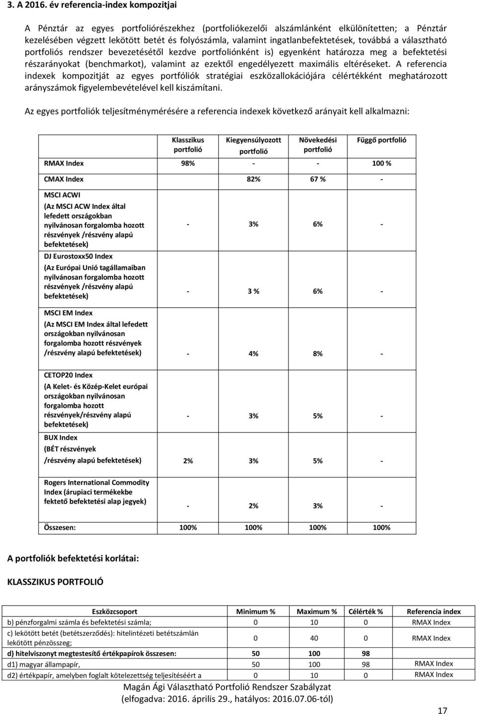 ingatlanbefektetések, továbbá a választható portfoliós rendszer bevezetésétől kezdve portfoliónként is) egyenként határozza meg a befektetési részarányokat (benchmarkot), valamint az ezektől