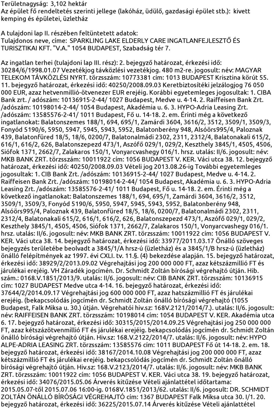 Az ingatlan terhei (tulajdoni lap III. rész): 2. bejegyző határozat, érkezési idő: 30284/6/1998.01.07 Vezetékjog távközlési vezetékjog. 480 m2-re. jogosult: név: MAGYAR TELEKOM TÁVKÖZLÉSI NYRT.