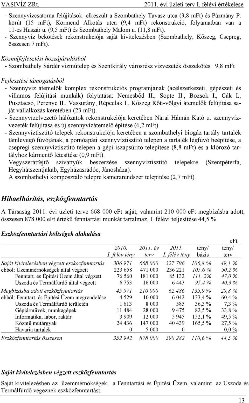 Közműfejlesztési hozzájárulásból - Szombathely Sárdér vízműtelep és Szentkirály városrész vízvezeték összekötés 9,8 mft Fejlesztési támogatásból - Szennyvíz átemelők komplex rekonstrukciós