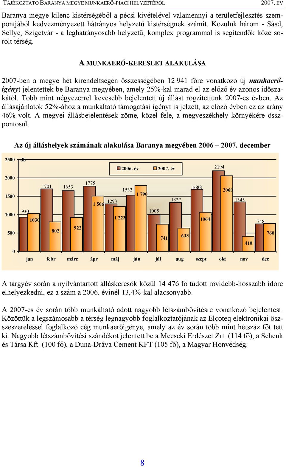 A MUNKAERŐ-KERESLET ALAKULÁSA 2007-ben a megye hét kirendeltségén összességében 12 941 főre vonatkozó új munkaerőigényt jelentettek be Baranya megyében, amely 25%-kal marad el az előző év azonos