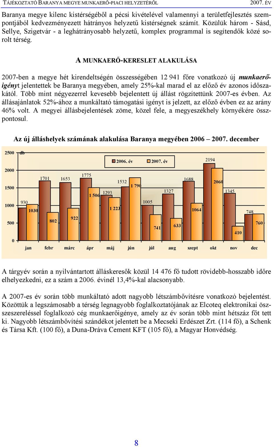 A MUNKAERŐ-KERESLET ALAKULÁSA 2007-ben a megye hét kirendeltségén összességében 12 941 főre vonatkozó új munkaerőigényt jelentettek be Baranya megyében, amely 25%-kal marad el az előző év azonos