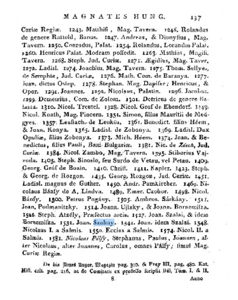 Joannes Szuhay is cited among Magnates regni of Kigdom of Hungary (Magnates alias Barones Regni Hungariae) (picture below) (Andream Lehotzky: I. Regni Hungariae et Partium Eidem Annexarum.