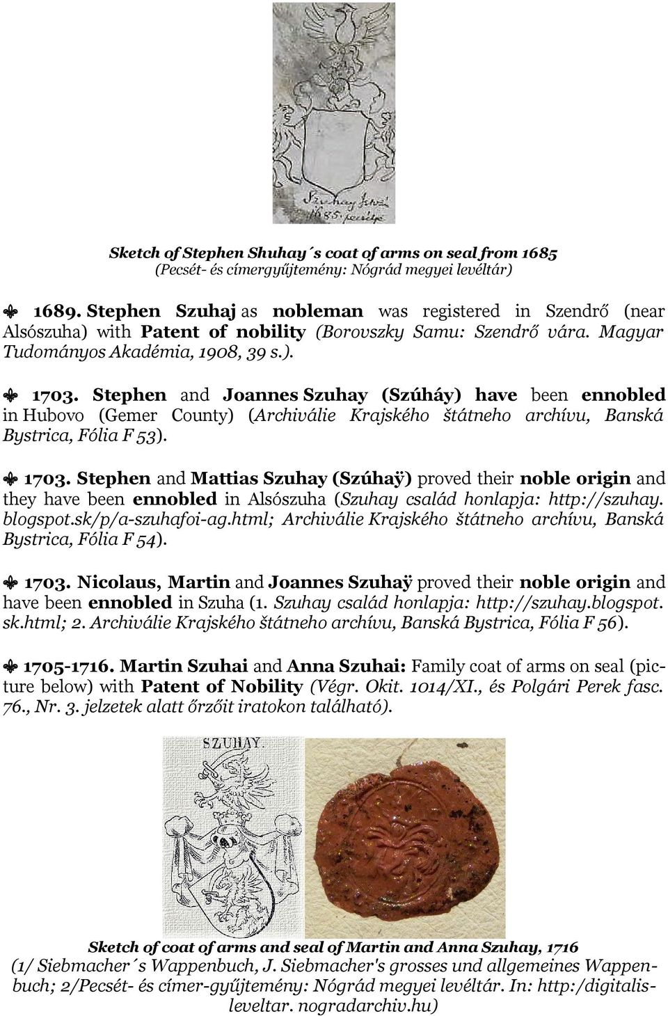 Stephen and Joannes Szuhay (Szúháy) have been ennobled in Hubovo (Gemer County) (Archiválie Krajského štátneho archívu, Banská Bystrica, Fólia F 53). 1703.