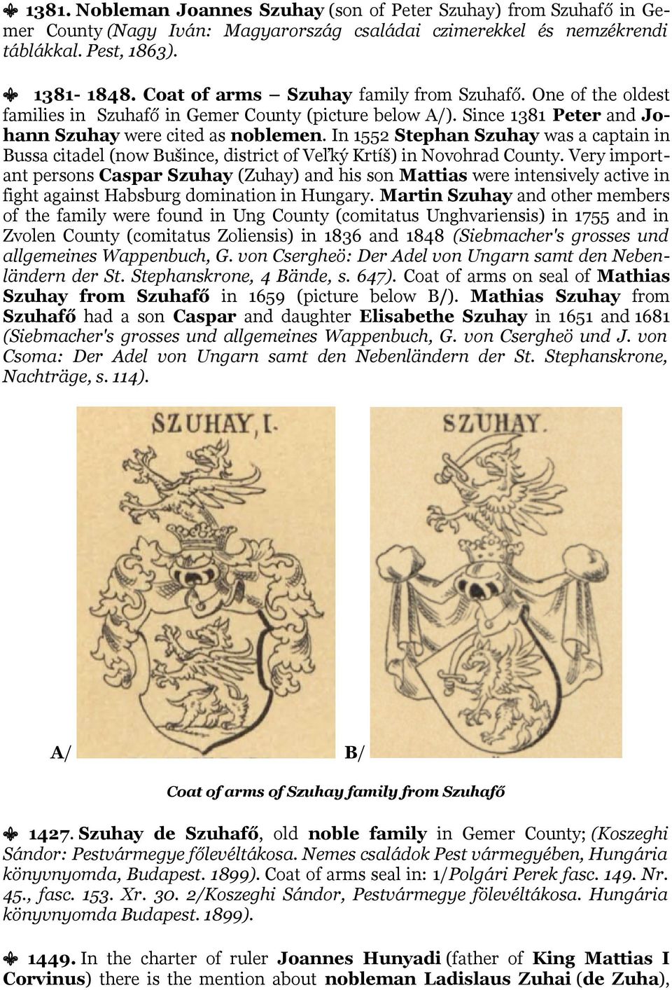 In 1552 Stephan Szuhay was a captain in Bussa citadel (now Bušince, district of Veľký Krtíš) in Novohrad County.