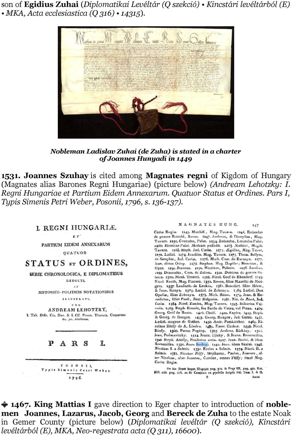 Joannes Szuhay is cited among Magnates regni of Kigdom of Hungary (Magnates alias Barones Regni Hungariae) (picture below) (Andream Lehotzky: I. Regni Hungariae et Partium Eidem Annexarum.