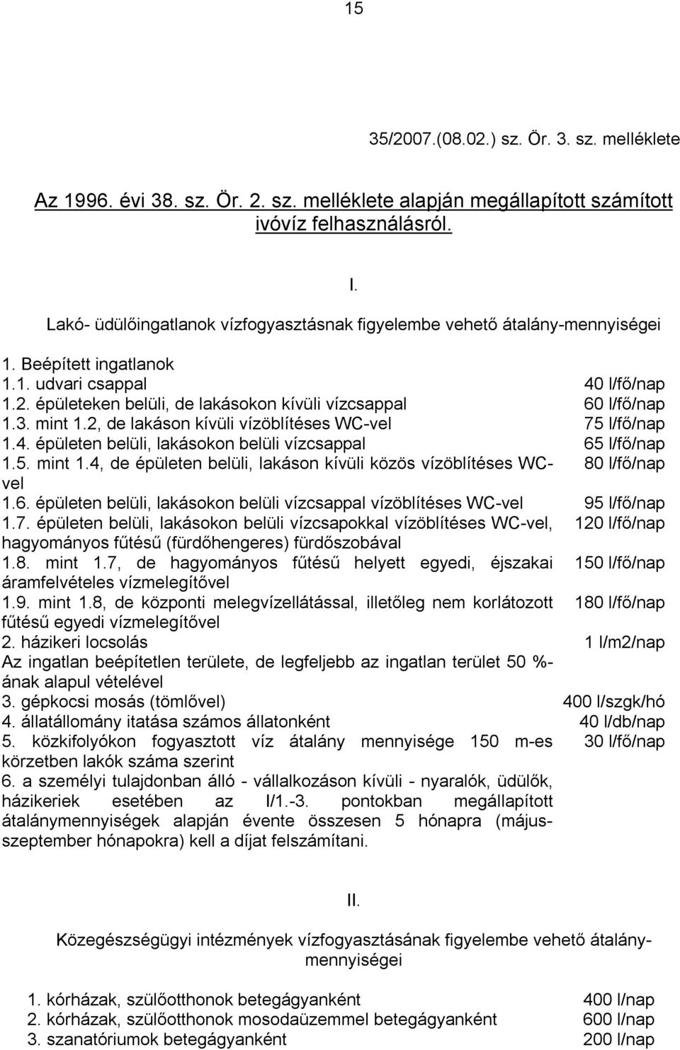 épületeken belüli, de lakásokon kívüli vízcsappal 60 l/fő/nap 1.3. mint 1.2, de lakáson kívüli vízöblítéses WC-vel 75 l/fő/nap 1.4. épületen belüli, lakásokon belüli vízcsappal 65 l/fő/nap 1.5. mint 1.4, de épületen belüli, lakáson kívüli közös vízöblítéses WCvel 80 l/fő/nap 1.