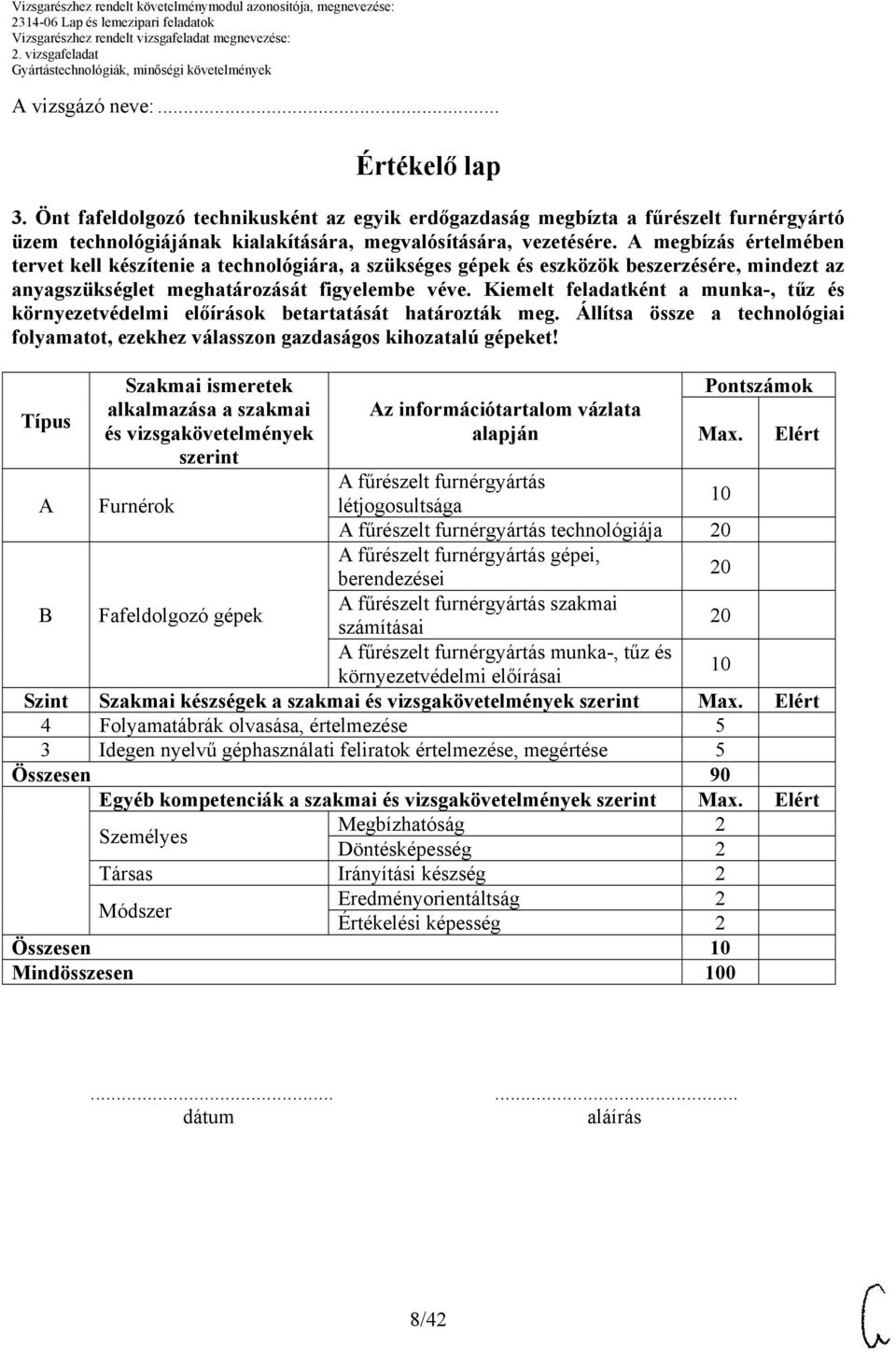 Kiemelt feladatként a munka-, tűz és környezetvédelmi előírások betartatását határozták meg. Állítsa össze a technológiai folyamatot, ezekhez válasszon gazdaságos kihozatalú gépeket!