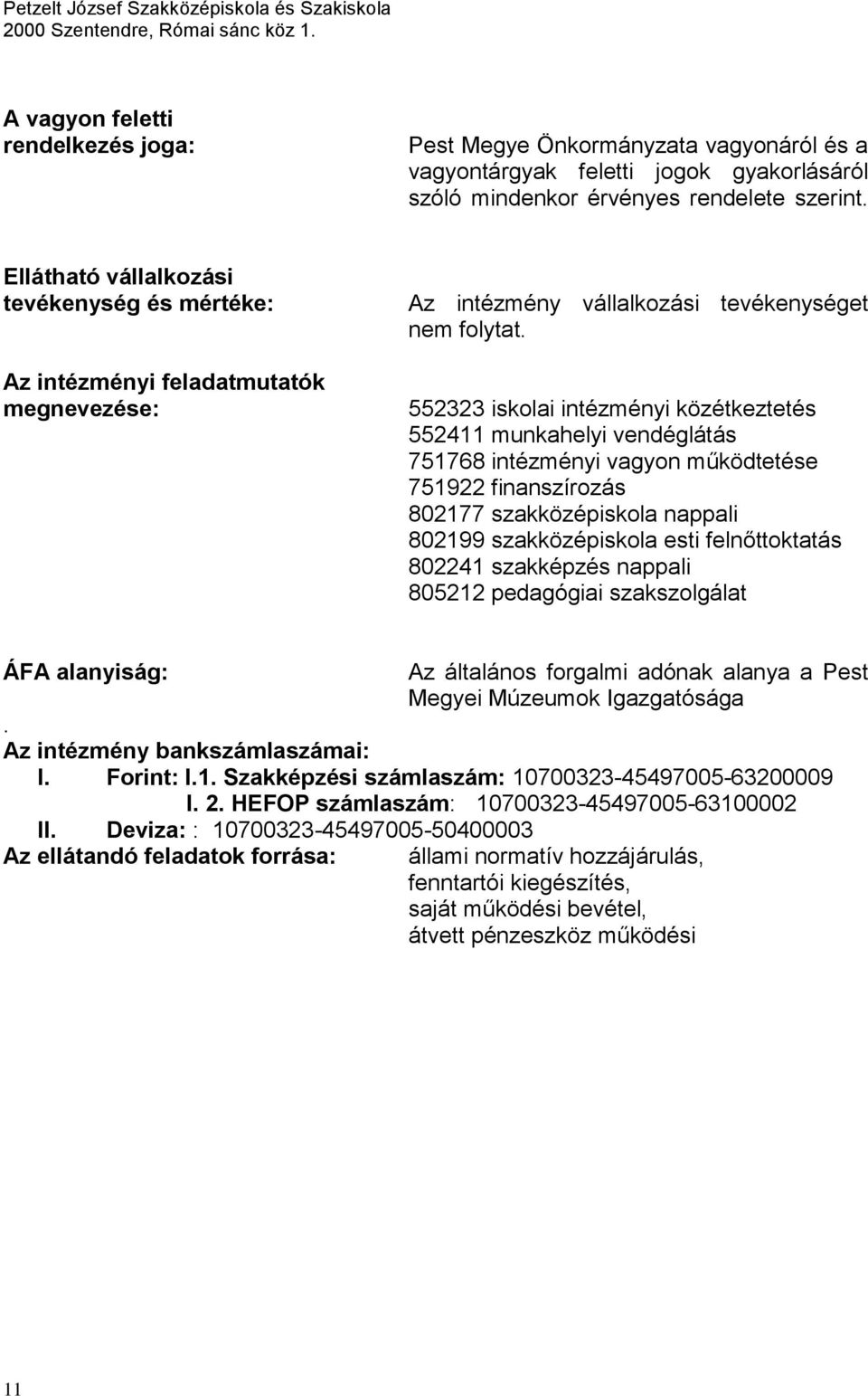 552323 iskolai intézményi közétkeztetés 552411 munkahelyi vendéglátás 751768 intézményi vagyon működtetése 751922 finanszírozás 802177 szakközépiskola nappali 802199 szakközépiskola esti