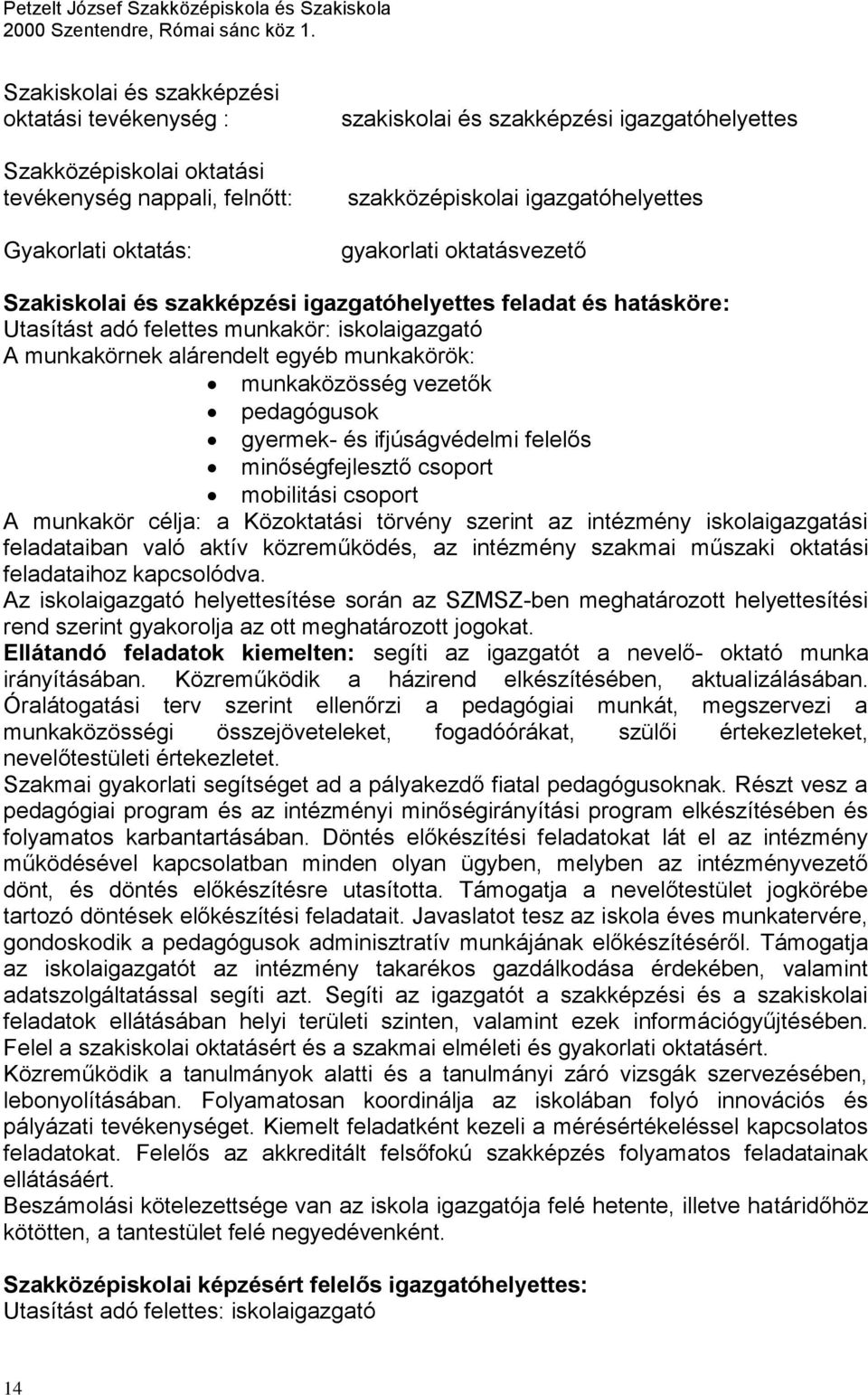 munkakörök: munkaközösség vezetők pedagógusok gyermek- és ifjúságvédelmi felelős minőségfejlesztő csoport mobilitási csoport A munkakör célja: a Közoktatási törvény szerint az intézmény