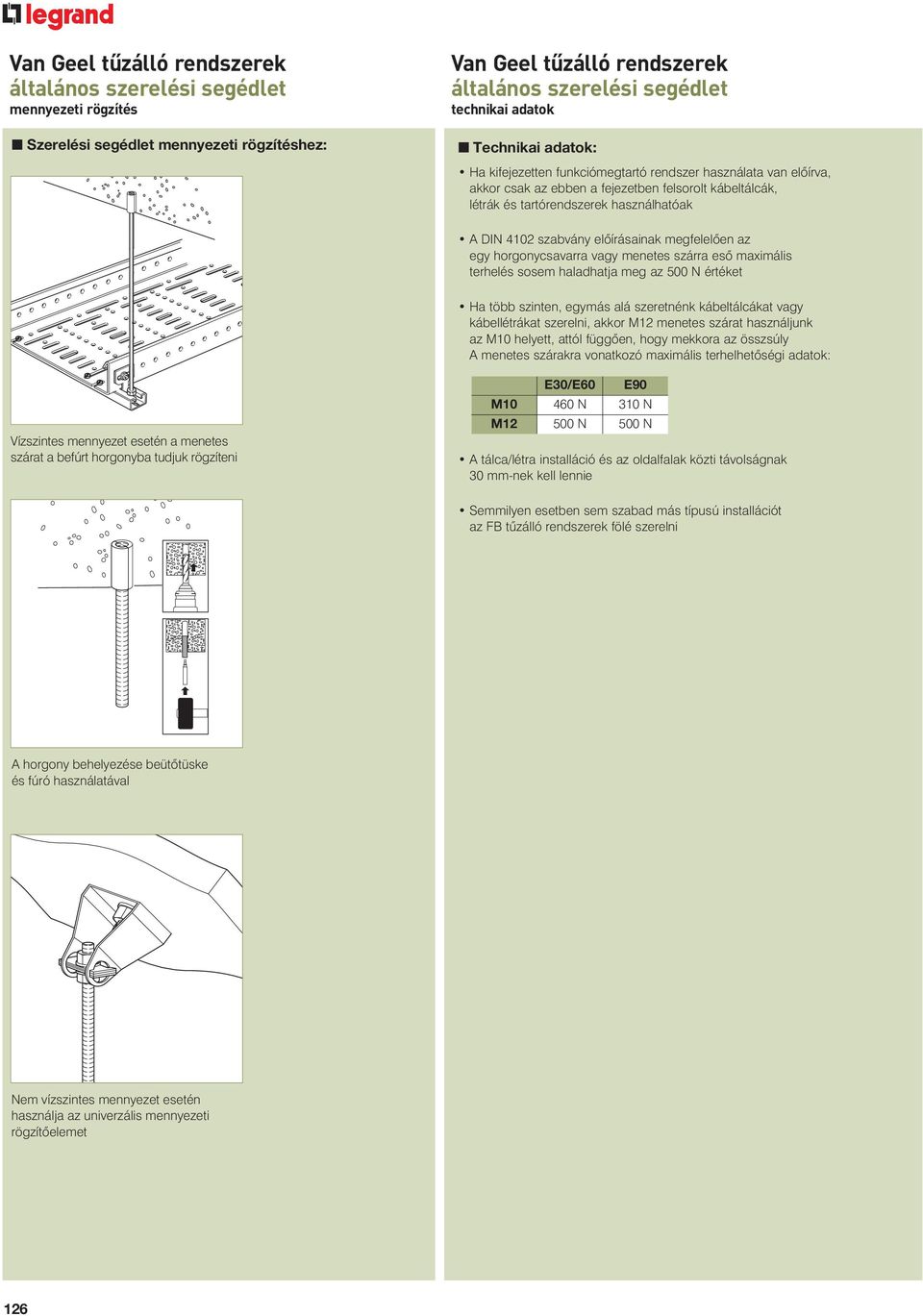horgonycsavarra vagy menetes szárra esô maximális terhelés sosem haladhatja meg az 500 N értéket Ha több szinten, egymás alá szeretnénk kábeltálcákat vagy kábellétrákat szerelni, akkor M menetes