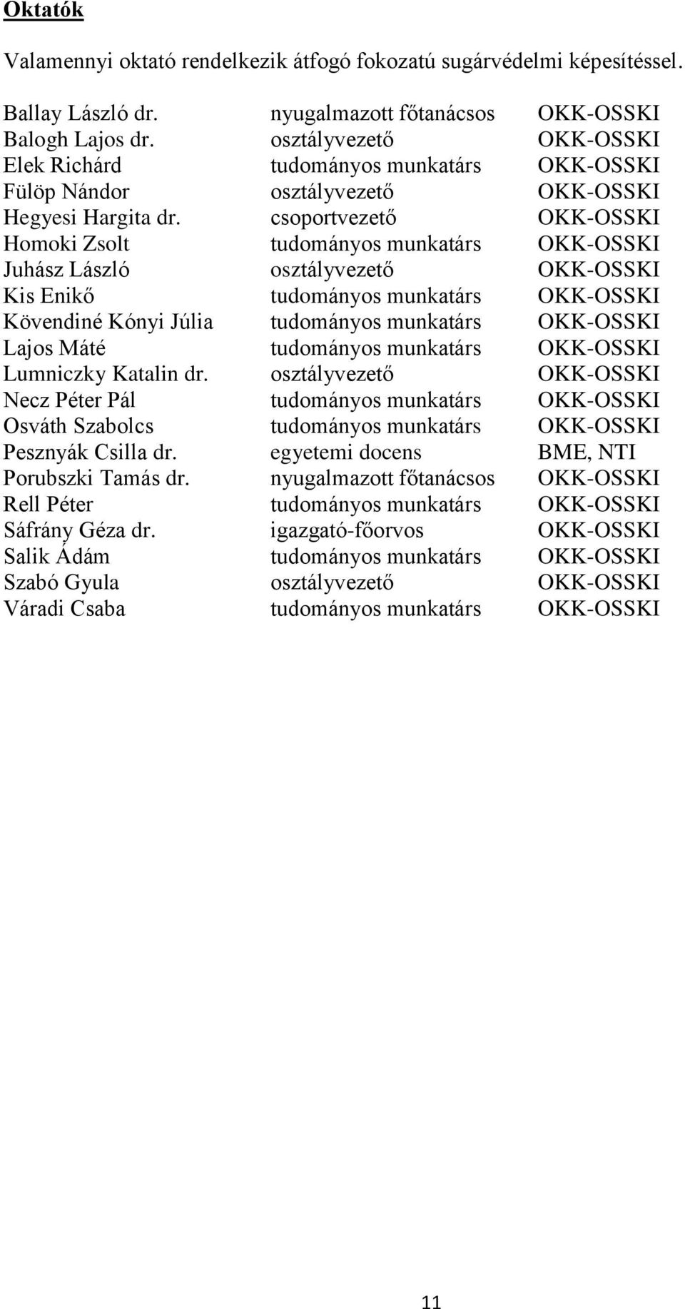 csoportvezető OKK-OSSKI Homoki Zsolt tudományos munkatárs OKK-OSSKI Juhász László osztályvezető OKK-OSSKI Kis Enikő tudományos munkatárs OKK-OSSKI Kövendiné Kónyi Júlia tudományos munkatárs OKK-OSSKI