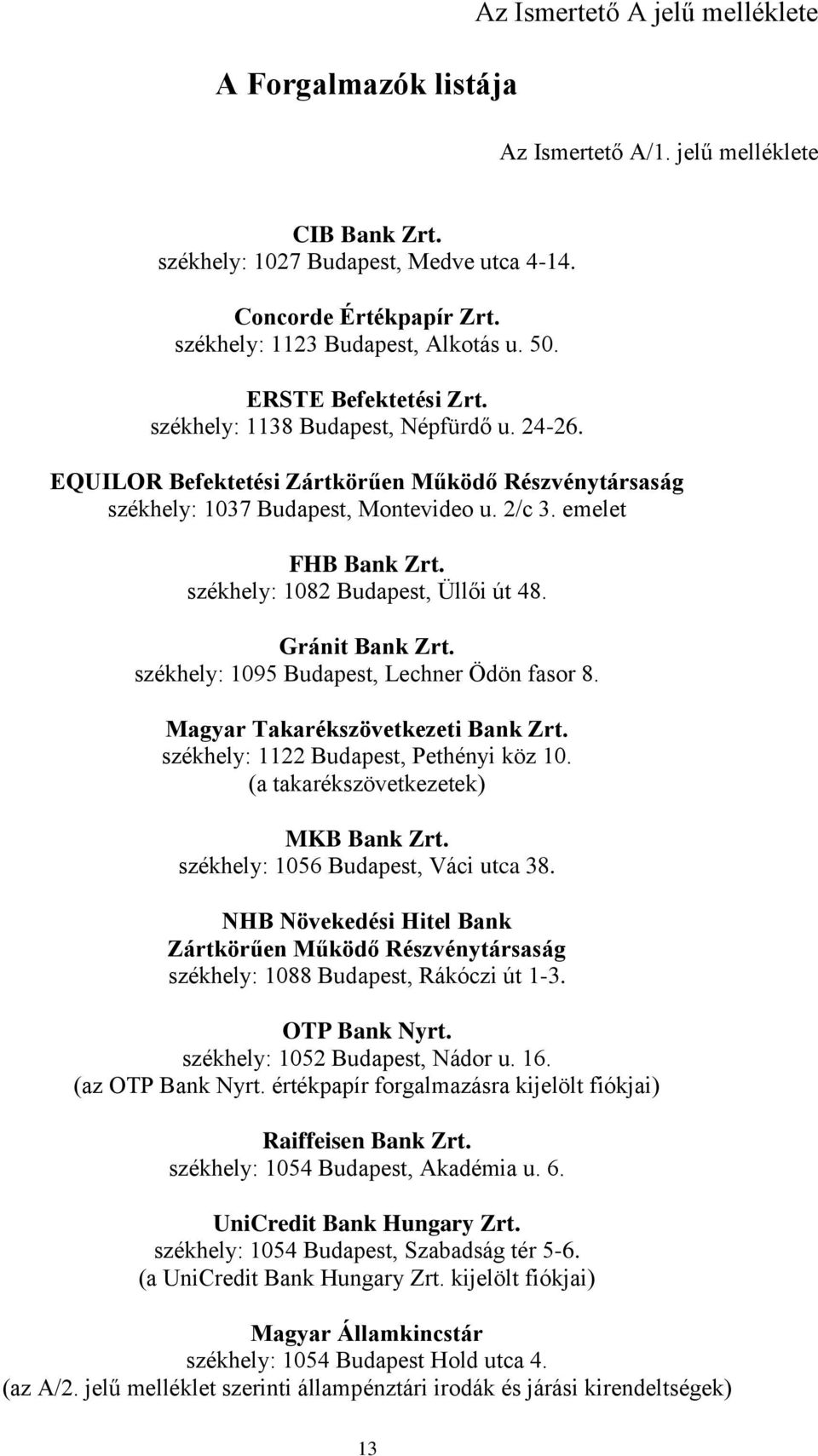 2/c 3. emelet FHB Bank Zrt. székhely: 1082 Budapest, Üllői út 48. Gránit Bank Zrt. székhely: 1095 Budapest, Lechner Ödön fasor 8. Magyar Takarékszövetkezeti Bank Zrt.