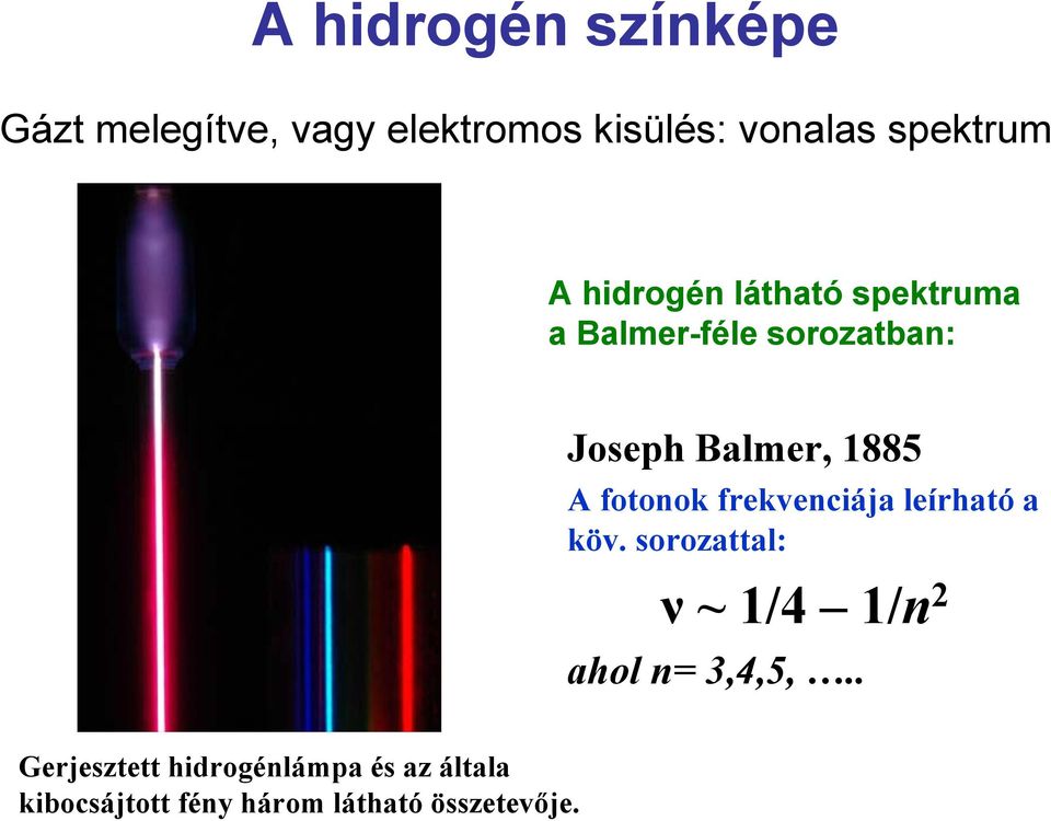 fotonok frekvenciája leírható a köv. sorozattal: ν ~1/4 1/n 2 ahol n= 3,4,5,.