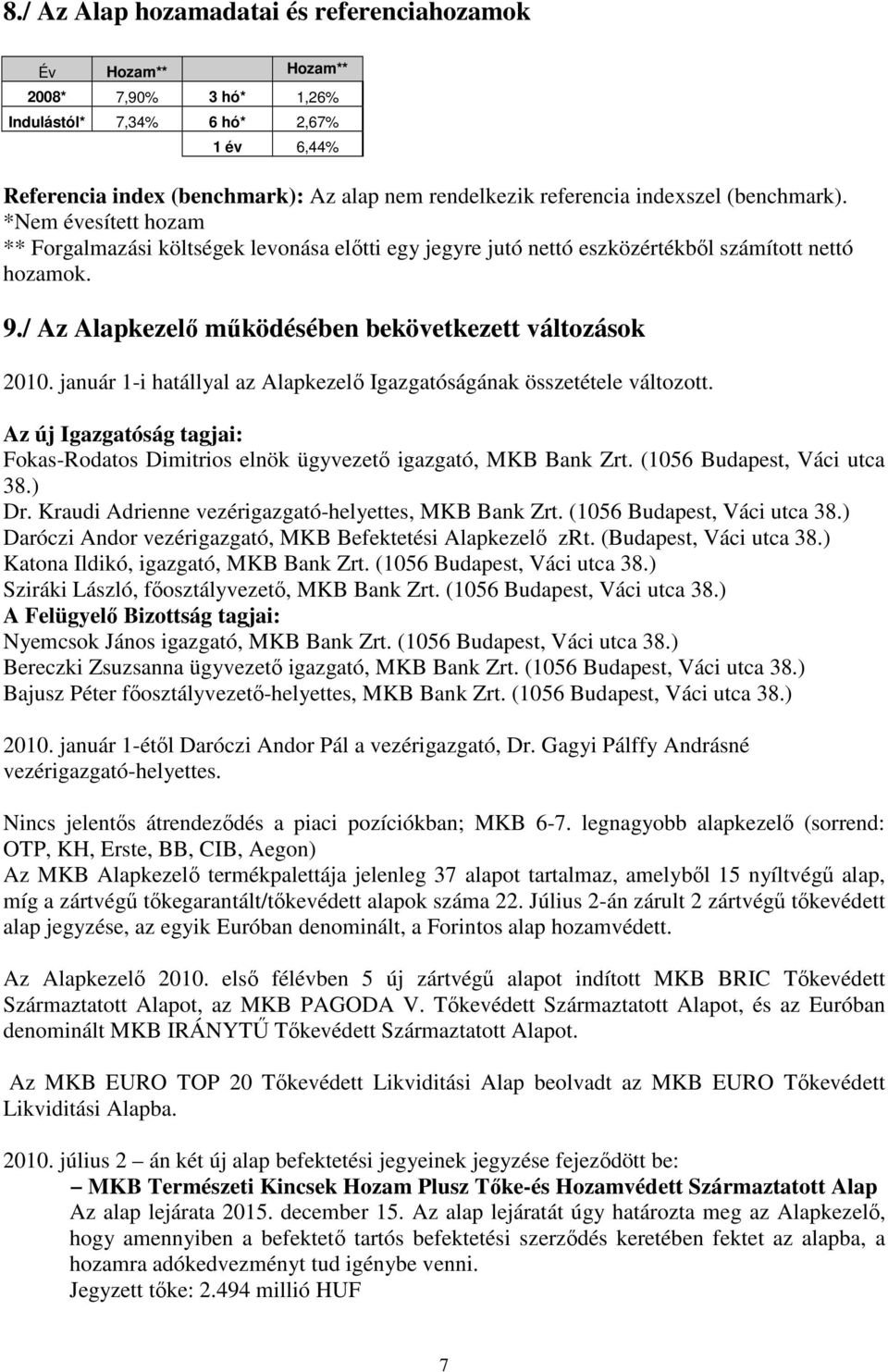 / Az Alapkezelı mőködésében bekövetkezett változások 2010. január 1-i hatállyal az Alapkezelı Igazgatóságának összetétele változott.