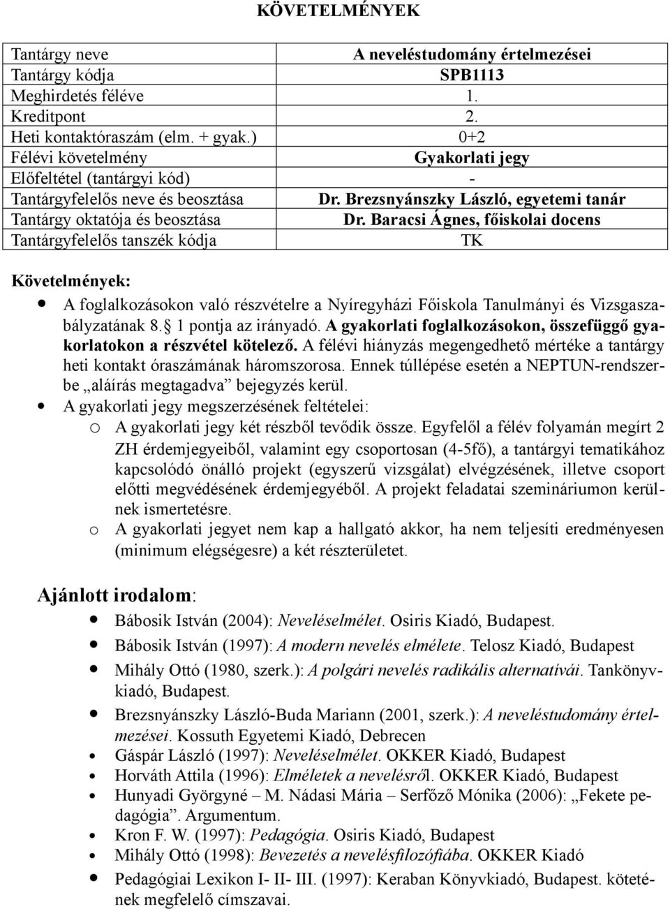 A gyakorlati foglalkozásokon, összefüggő gyakorlatokon a részvétel kötelező. A félévi hiányzás megengedhető mértéke a tantárgy heti kontakt óraszámának háromszorosa.